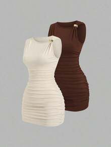 Conjunto de 2 piezas de moda europea y americana para mujer, vestido mini versátil casual y de oficina con decoración metálica retorcida y asimétrica - Multicolor 2 - Ver 6
