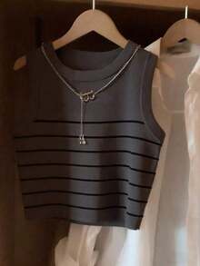 Camiseta de tirantes casual y versátil con cuello redondo y rayas para mujer - Multicolor 5 - Ver 3