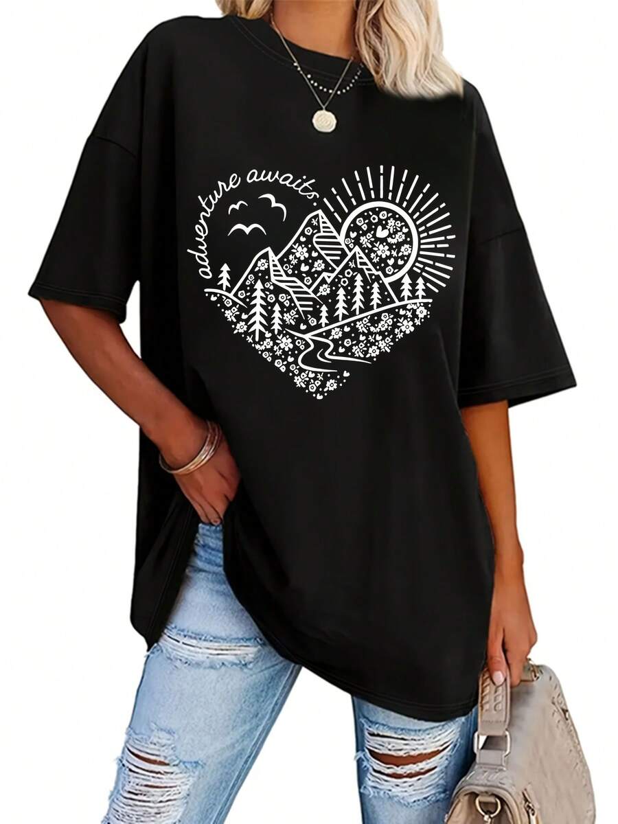 Camiseta de manga corta con estampado floral de corazones y cuello redondo, talla grande, para el verano. - Negro - Ver 1