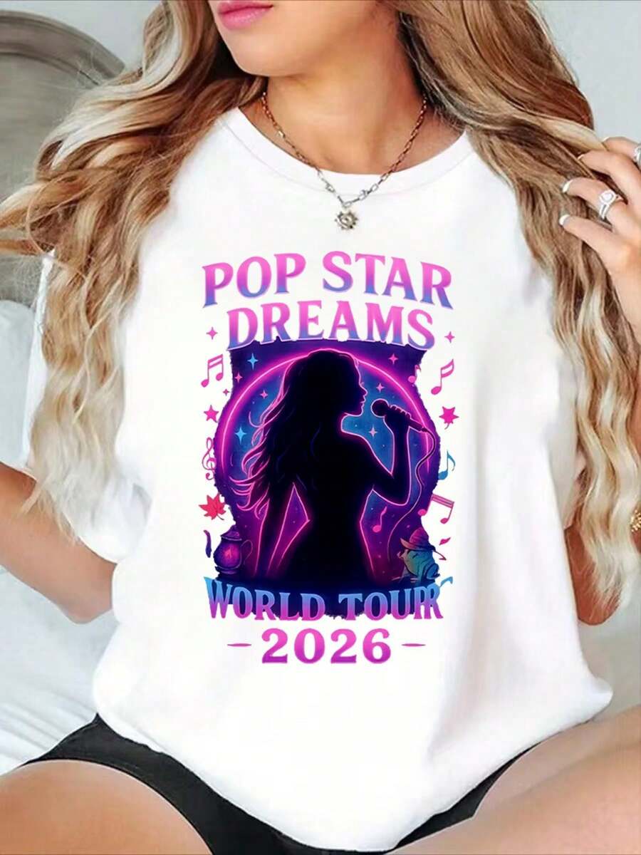 This T-Shirt Features The Words "POP STAR DREAMS" And "WORLD TOUR" Printed On It, Along With The Silhouette Of A Woman Holding A Microphone, Surrounded By Musical Notes And Stars. This Is A Casual, Short-Sleeved Women's Top Made Of Soft Fabric. Perfect For Summer. - 白色 - 查看 1