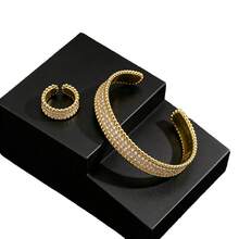 1 Set Zirconia Inlaid Personalized Bracelet And Ring Set, Adjustable Open Bangle And Ring Size, Gold Jewelry, Suitable For Ramadan, Festivals And Daily Wear - Gold - View 5
