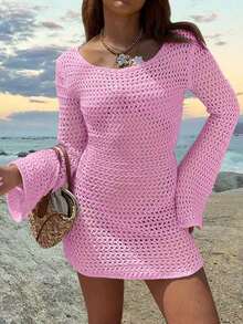 Vestido corto de punto transparente con espalda descubierta y diseño calado, para playa y vacaciones, de unicolor y manga larga, para primavera/verano - Rosa Pálido - Ver 3