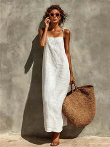 Vestido de vacaciones de estilo boho para mujer, cuello cuadrado, tirantes ajustables, diseño favorecedor, perfecto para playa, festivales y looks de verano - Blanco - Ver 4