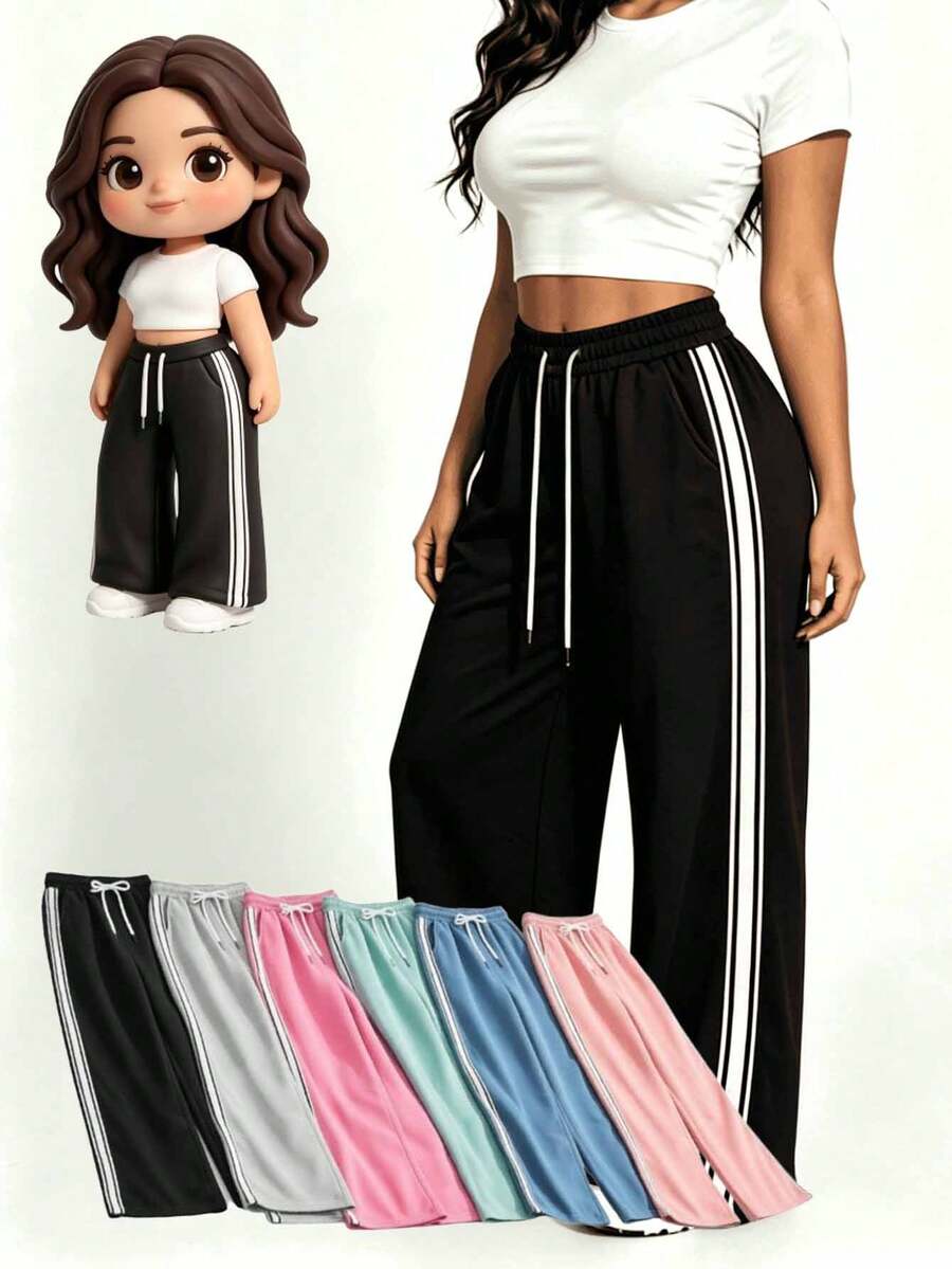 Pantalones largos con cordón y rayas laterales para mujer - Gris - Ver 1