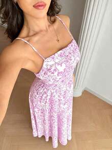 Vestido casual largo con estampado floral de porcelana azul y blanco, con tirantes finos y espalda descubierta que cintura la cintura, elegante para primavera/verano y vacaciones - Púrpura malva - Ver 3