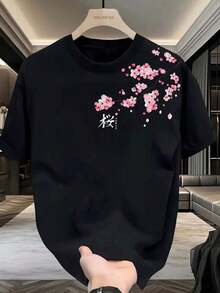 Black Short-Sleeved T-Shirt With Anime Cherry Blossom Print, Casual Crew Neck, Fitted Fabric, Comfortable For Everyday Wear, Suitable For Christmas, Easter, Halloween, Thanksgiving Gifts And More. - 黑色 - 查看 1