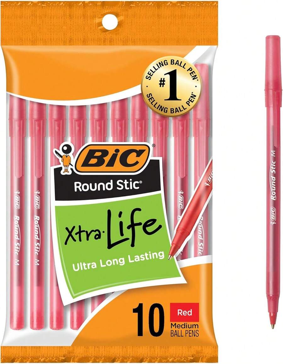 BIC Round Stic Xtra Life Red Ballpoint Pens, Medium Point (1.0mm), 10-Count Pack Of Bulk Pens, Flexible Round Barrel For Writing Comfort, No. 1 Selling Ballpoint Pens - ColorC - 查看 1