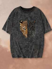 Nueva blusa de verano con estampado de cara de leopardo vintage, cuello redondo, teñido anudado y manga corta.Elegante y versátil para mujer. - Negro 5 - Ver 5