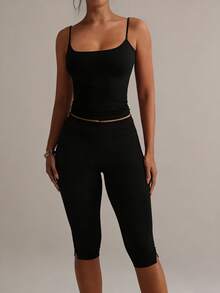 XLLAIS Pantalones deportivos casuales elásticos negros de mujer con dobladillo dividido, de largo capri, para verano - Negro - Ver 2