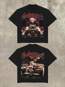 Boy's T-Shirt Y2K With Godspeed Racing Skull Double-Sided Print Boy's Summer Round Neck Short Sleeved Casual Cotton Print T-Shirt - màu đen - Xem 1