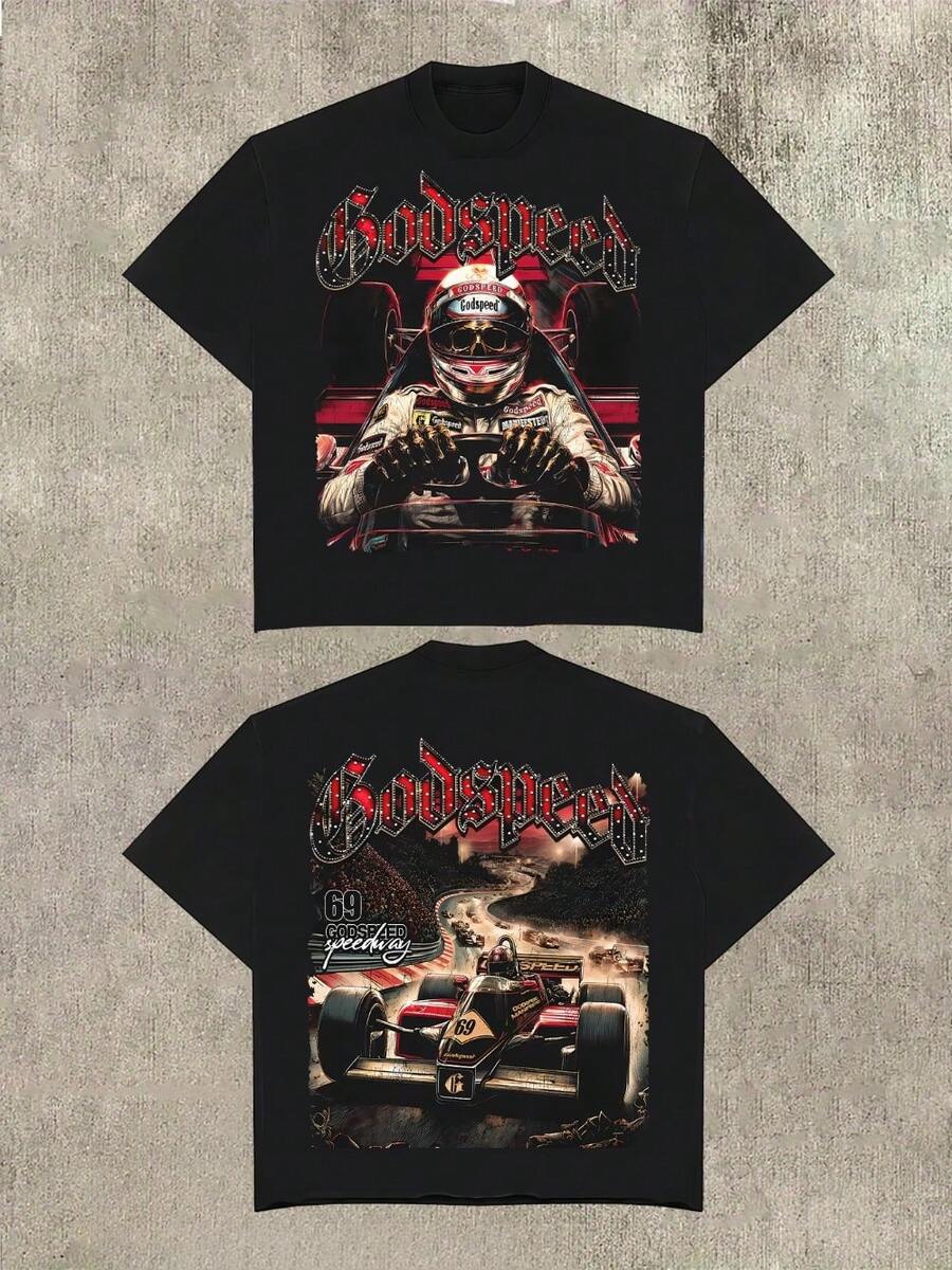 Boy's T-Shirt Y2K With Godspeed Racing Skull Double-Sided Print Boy's Summer Round Neck Short Sleeved Casual Cotton Print T-Shirt - màu đen - Xem 1