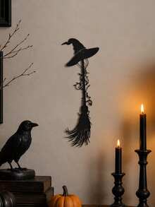 1pc Halloween Witch Broom & Hat Metal Wall Decor, Wall Hanging Ornament, Halloween Party Decor,Halloween Decoration,Trick Or Treat Decor For Halloween, Spooky Halloween Decor, Haunted House Decor, Terrifying Atmosphere Decor, Gothic Home Decor, Party Supplies - Witch Broom - View 6