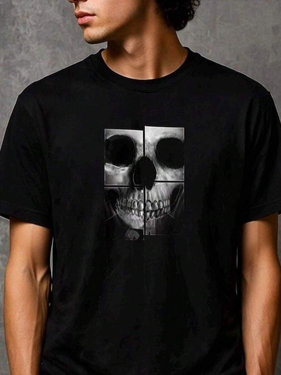 Unisex T-shirt med minimalistiskt dödskallemotiv, fragmenterat tryck på bröstet, gotiska streetwear-t-shirts i bomull för män, herr-t-shirts, herrkläder, herrset, herr-t-shirt, herrartiklar, vardagsklänningar för kvinnor, damset, eleganta blusar, dam-t-shirts, damklänning. - Svart - Visa 1