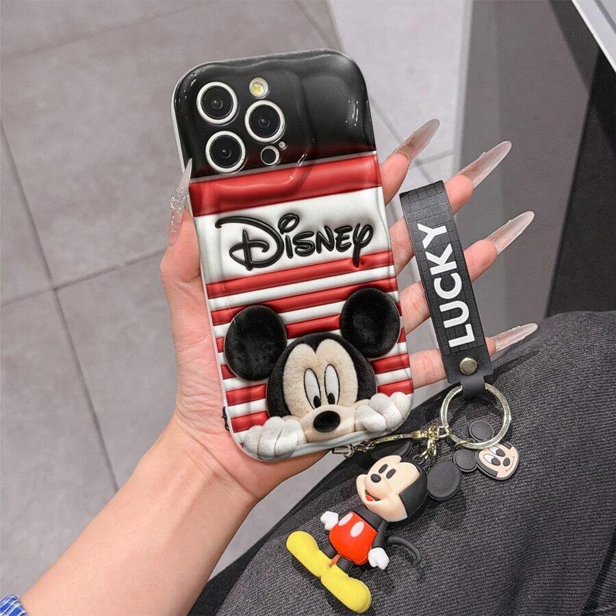 Disney Mickey Mouse Clubhouse Phone Case : 3D Fluffy Pattern Border Protector Phone Soft Phone Case With A Free Cute Mickey Bracelet Chain Lanyard, Mickey, Minnie, Goofy, Donald Duck, Daisy Duck, Pluto, For Apple 17 Promax 17 Pro 16 15 14 13 12 11 Pro Max XS Max X XR Soft Cover Summer Phone Case - 白色 - 查看 1