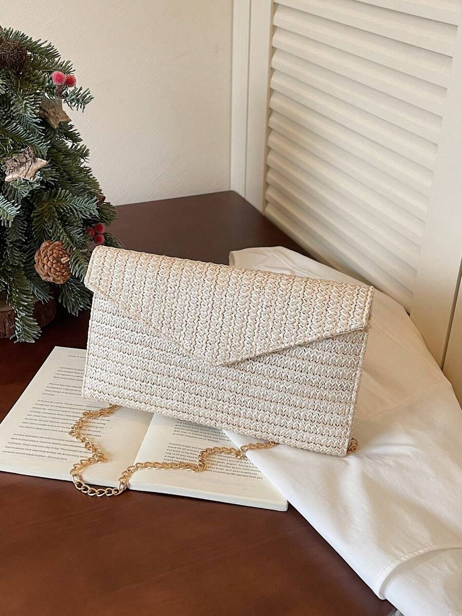 1pc Summer Design New Women's Clutch Bag, Shoulder Diagonal Chain Envelope Bag, Straw Woven Vacation Bag, Casual Chic Striped Design Elegant Popular Bag, Suitable For Beach Vacation, Beach Outing, Etc.