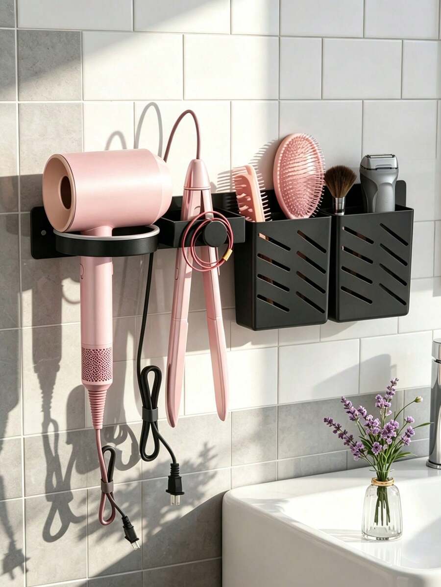 No-Drill Bathroom Organizer For Hair Dryers, Flat Irons And Curling Irons. With Built-In Storage Compartments To Organize Combs, Makeup Brushes And Cosmetics, Ideal Bathroom Storage For All Hairstyling Tools. - Multicolor - View 1