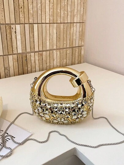 Nuevo mini bolso de mano en forma de media luna de acrílico, bolso de noche elegante con correa de cadena, bolso de hombro cruzado de moda, bolso decorado con rhinestones