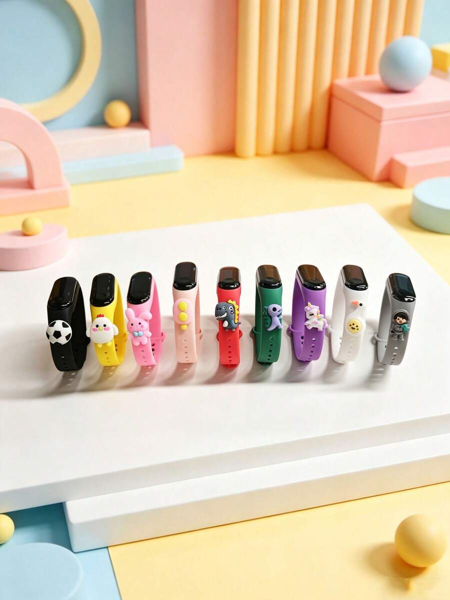 9 piezas Reloj electrónico con pantalla táctil LED y colgante de dibujos animados lindos, 9 combinaciones de colores, brazalete deportivo de moda, adecuado para Navidad, regalos festivos, uso diario, escuela, deportes - Multicolor - Ver 1