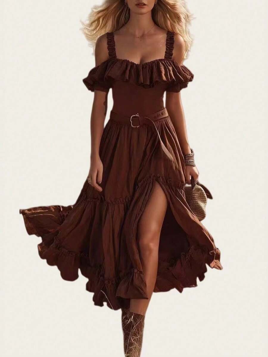 Women's Retro-Style Maxi Dress With Off-The-Shoulder Design, Ruffles, And Side Slit - Brown - View 1
