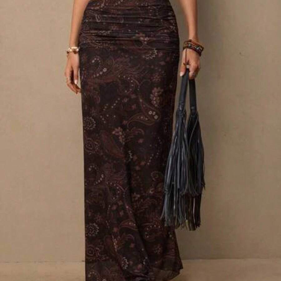 Freevana Women's Casual Bohemian Retro Western Paisley Cashew Flower Print Versatile Brown Knit Skirt, Suitable For Spring, Music Festival - Marrón - Ver 1