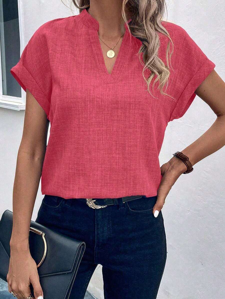 Camisa de verano para mujer de unicolor con escote en V estilo murciélago, manga corta - Rojo y blanco - Ver 1