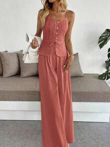 Set de 2 piezas: Top de tirantes ajustado informal con nudo delantero y pantalón de pierna ancha - Rosa coral - Ver 4