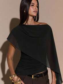 Blusa de punto con cuello anudado y hombro asimétrico, suéter elegante y ajustado, otoño/invierno - Negro - Ver 7