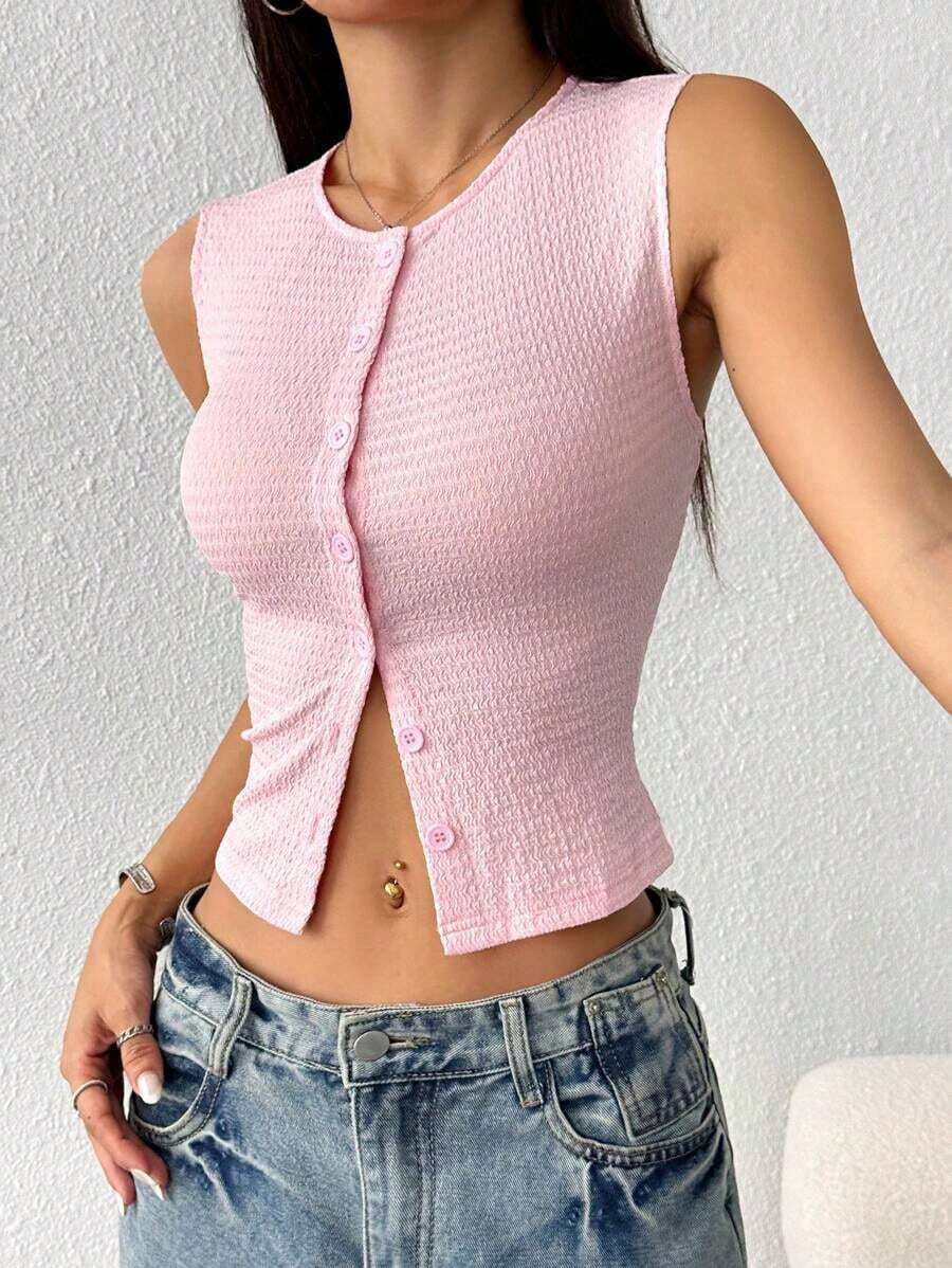 Blusa sin mangas casual con textura de un solo color y botones delanteros - Rosa - Ver 1
