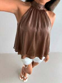 Camiseta sin mangas de gasa con cuello halter, fruncida y con línea A, de estilo bohemio minimalista y sexy, color morado berenjena, para primavera/verano - Marrón - Ver 5