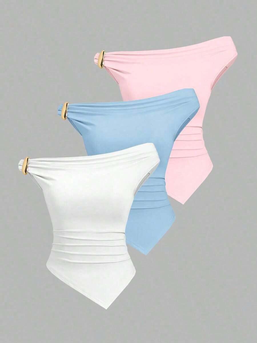 Conjunto de 3 piezas de moda europea y americana para mujer en unicolor, con decoración metálica, dobladillo retorcido y dobladillo asimétrico, camiseta casual y versátil para uso diario - Multicolor 6 - Ver 1