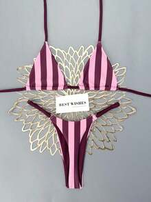 Conjunto de bikini de rayas coloridas y sexy para primavera/verano 2026, traje de baño de estilo minimalista de tres puntos para mujeres jóvenes - Multicolor 7 - Ver 3