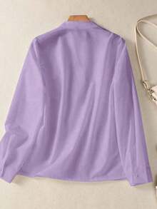 Camisa de mujer de unicolor con cuello en V y botones - Blusa casual y elegante de manga larga con detalle de bolsillo, adecuada para vacaciones, viajes y uso diario, artículo esencial para primavera, verano, otoño e invierno - Púrpura malva - Ver 4