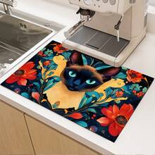 1pc Colorful Cat, Siamese Cat Print Pattern Absorbent Mat/Drying Mat For Coffee Maker, Tableware - Absorbent Polyester Desktop Protective Mat With Rubber Anti-Slip Pad, For Kitchen Counter Decor, Home Bar And Dining Table - Multicolor - View 2