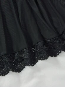 两件套女士性感纯色蕾丝网纱拼接睡衣套装，V领露背吊带睡裙和丁字裤，舒适睡衣 - 黑色 - 查看 6