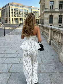 Conjunto de 2 piezas de mujer de camiseta sin mangas azul marino con lunares y pantalones cortos de pierna ancha, elegante y casual, adecuado para fiestas y vacaciones de verano - Blanco - Ver 3