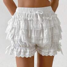 Women's Solid Color Bowknot Decorated Multi-Layer Ruffle Hem Lantern Shorts - Blanco - Ver 2