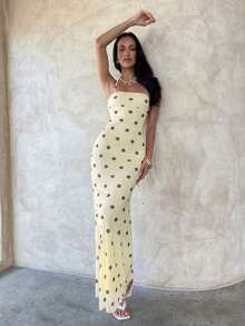 Vestido con estampado floral elegante y espalda descubierta para mujer - Amarillo - Ver 7