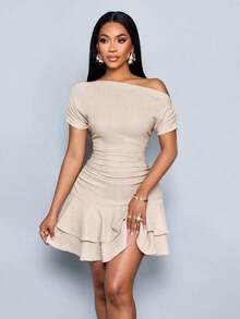 Vestido mini con mangas largas, cuello asimétrico, doble volante y pliegues en color albaricoque elegante para fiesta y día en tejido de punto - Albaricoque - Ver 3