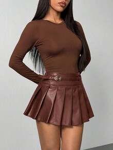 PETITE Falda de cuero plisada con hebilla de diseño de color marrón chocolate sólido para mujer, falda plisada de cuero, falda de patinadora, otoño para mujer, invierno para mujer, Halloween, casual de negocios, estilo de dinero antiguo - Marrón Chocolate - Ver 6