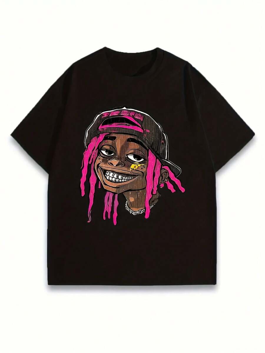 Ultra-Soft Cotton Graphic Tee For Men And Women Featuring A Rap Artist Design With Pink Hair And Dreadlocks - Breathable, Moisture-Wicking Crew Neck Tee, All-Season Streetwear Casual Wear, Retro Hip-Hop Style, Ideal For Concerts And Casual Outfits - Fun Gift For Rap Fans - Geometric Appliqué Pattern, Machine Washable, Regular Fit, Humorous Clothing With A Character Print Featuring Pink Dreadlocks And Gold Chains. - 黑色 - 查看 1