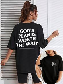 Women's Loose-Fitting T-Shirt With Dropped Shoulders And Inspirational Back Print "GOD'S PLAN IS WORTH THE WAIT" - Casual White Crew Neck T-Shirt, Machine Washable, Comfortable Fit For All Seasons, Motivational Clothing, Back Print T-Shirt, Durable Fabric, Comfortable Clothing, Top, Soft Material, Relaxed Fit, For Y2k Fashion Lovers. - 黑色 - 查看 10