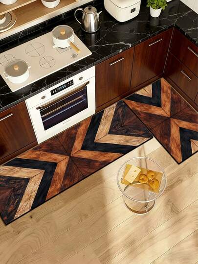 1pc Silica Gel Kitchen Mat With Symmetrical Geometric Wood Grain Pattern In Brown, Black And Natural Wood Tones, Featuring Anti-Slip Function And Vintage Aesthetic, Suitable For Modern Kitchens With Deep Brown Cabinets, Luxurious And Fashionable Kitchen Carpet With Fatigue Relief