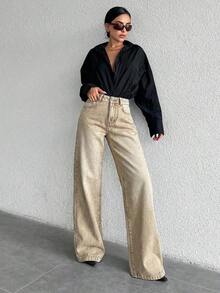 Jeans de mezclilla casual de cintura alta y pierna ancha lavados para mujeres - Caqui - Ver 3