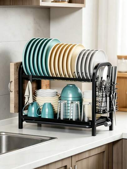 Escurridor de platos de 2 niveles, organizador de almacenamiento de gran capacidad para la encimera de la cocina con soporte para cubiertos, adecuado para platos, tazones, tazas y utensilios, mantiene la cocina ordenada y la vajilla seca. Gran regalo para Navidad, Halloween, Pascua, Acción de Gracias, temporada festiva