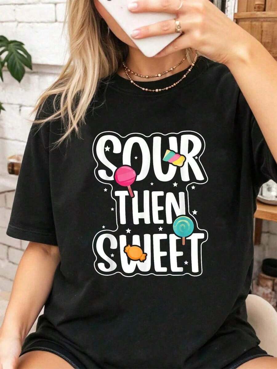 Women's 100% Cotton T-Shirt With Fun Candy Print "Sour And Sweet Yellow", Summer T-Shirt For Women, Cool For Summer, Women's Warm Clothing - 黑色 - 查看 1