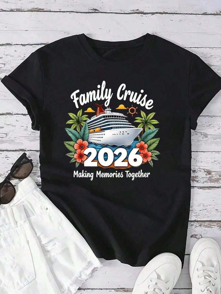 Black T-Shirts, Family Cruise Ship Vacation Trip 2026, Matching Family T-Shirts, Cruise Gift, Women's Short Sleeve Crew Neck T-Shirt, Fashion Graphic Tees For Women - 黑色 - 查看 1