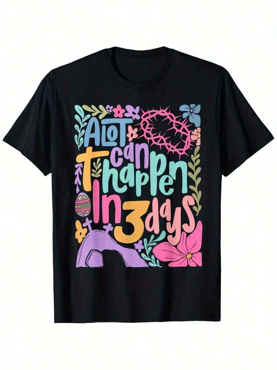1 Christian Easter T-Shirt "He Is Risen" - Bohemian Design Of Cross And Resurrection, "Many Things Happened In 3 Days", Unisex, Sizes S-XXXL, Colorful Religious Clothing, Suitable For Religious Activities, Easter Celebrations And Daily Wear (Men And Women), 180g, 100% Soft Cotton. - 白色1 - 查看 1