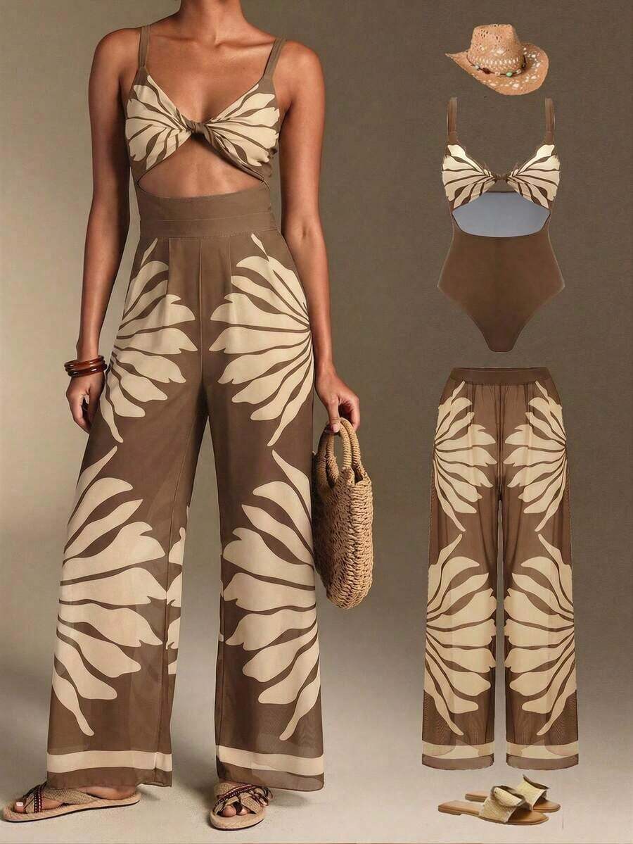 Swim Oasis Traje de baño de una pieza con camisola de patchwork de colores y pantalones de pierna ancha, adecuado para vacaciones en la playa, fiestas en la piscina y fiestas en la playa - Marrón - Ver 1