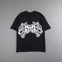 DARCSPORT Classic Wolf Head Print Short Sleeve Pure Cotton Hip Hop Loose Fit T-Shirt - Black and White - View 8