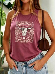 Beautiful Disaster Cow Skull Roses Tank Top Women's Summer Graphic Tee Loose Fit Beach Vacation Outfit - 紅色 - 查看 1